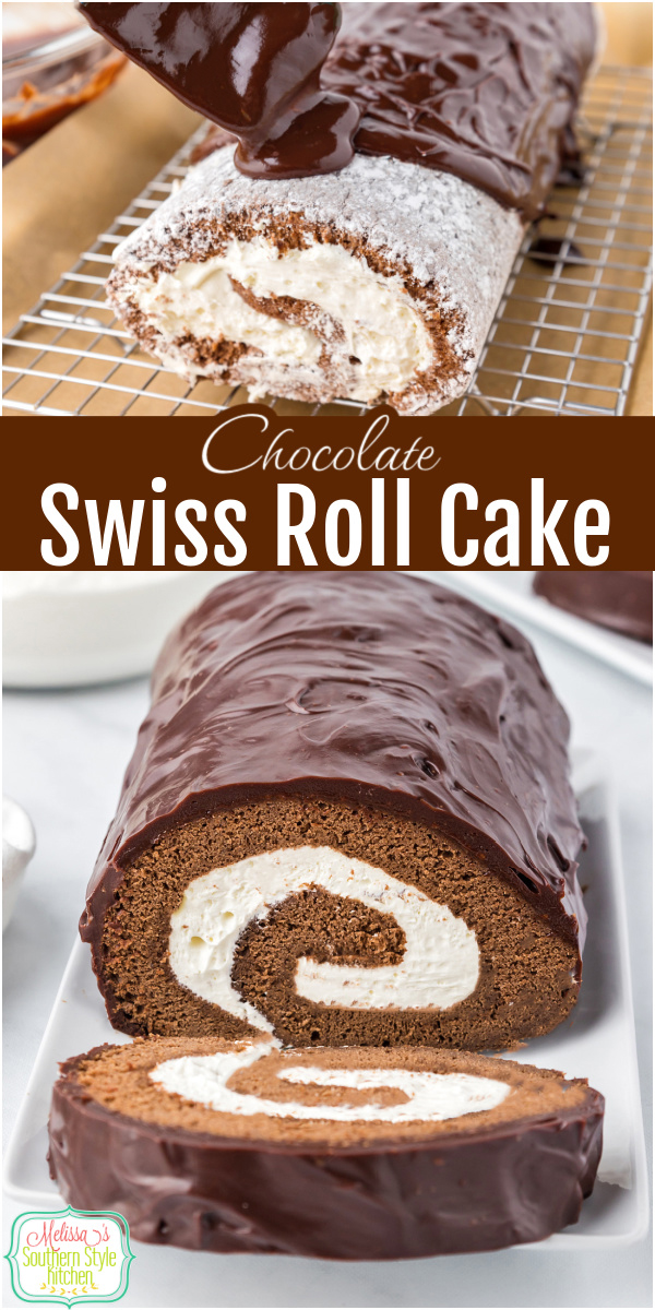 Chocolate Swiss Roll Cake with fluffy chocolate cake, sweet whipped cream and rich chocolate ganache, perfect for any dessert occasion. #swissroll #cakeroll #chocolateswissrollcake #chocolatecakeroll via @melissasssk