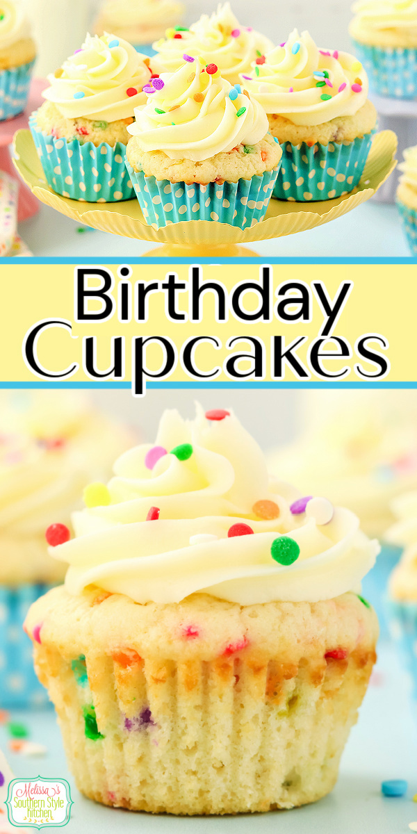 Delicious vanilla Birthday Cupcakes with sprinkles, perfect for any celebration! Sweet, festive, and fun. #cupcakes #birthdaycupcakes #birthdaycake #vanillacake #desserts #cupcakerecipes via @melissasssk