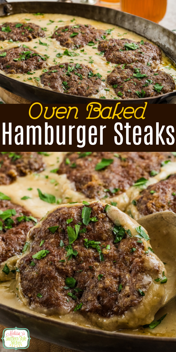 Oven Baked Hamburger Steaks smothered in rich homemade gravy&mdash;juicy, tender, and the ultimate comfort food! Perfect easy dinner served over mashed potatoes. #comfortfood #easyrecipes #dinnerideas #easygroundbeefrecipes #southernrecipes via @melissasssk