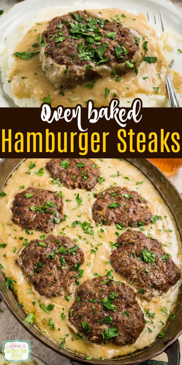 Oven Baked Hamburger Steaks smothered in rich homemade gravy&mdash;juicy, tender, and the ultimate comfort food! Perfect easy dinner served over mashed potatoes. #comfortfood #easyrecipes #dinnerideas #easygroundbeefrecipes #southernrecipes via @melissasssk