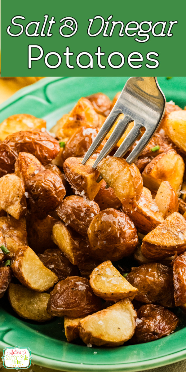 Crispy salt and vinegar potatoes packed with tangy vinegar flavor! The perfect zesty side dish or snack for any occasion. #potatoes #saltandvinegarpotatoes #potatorecipes #sidedishes via @melissasssk