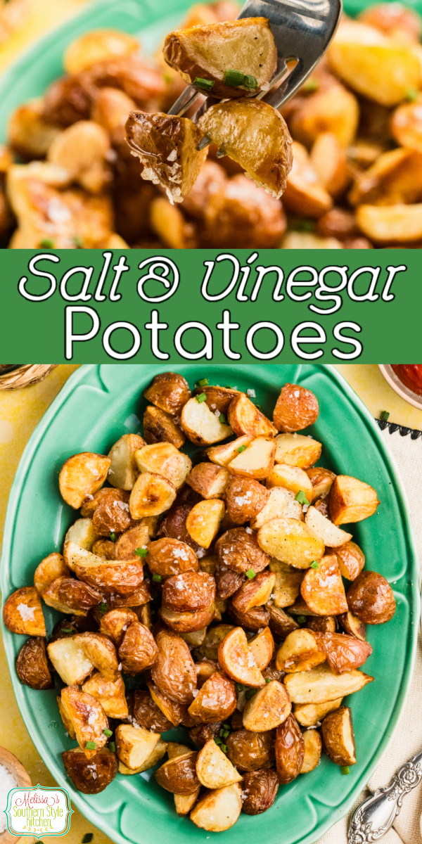 Crispy salt and vinegar potatoes packed with tangy vinegar flavor! The perfect zesty side dish or snack for any occasion. #potatoes #saltandvinegarpotatoes #potatorecipes #sidedishes via @melissasssk