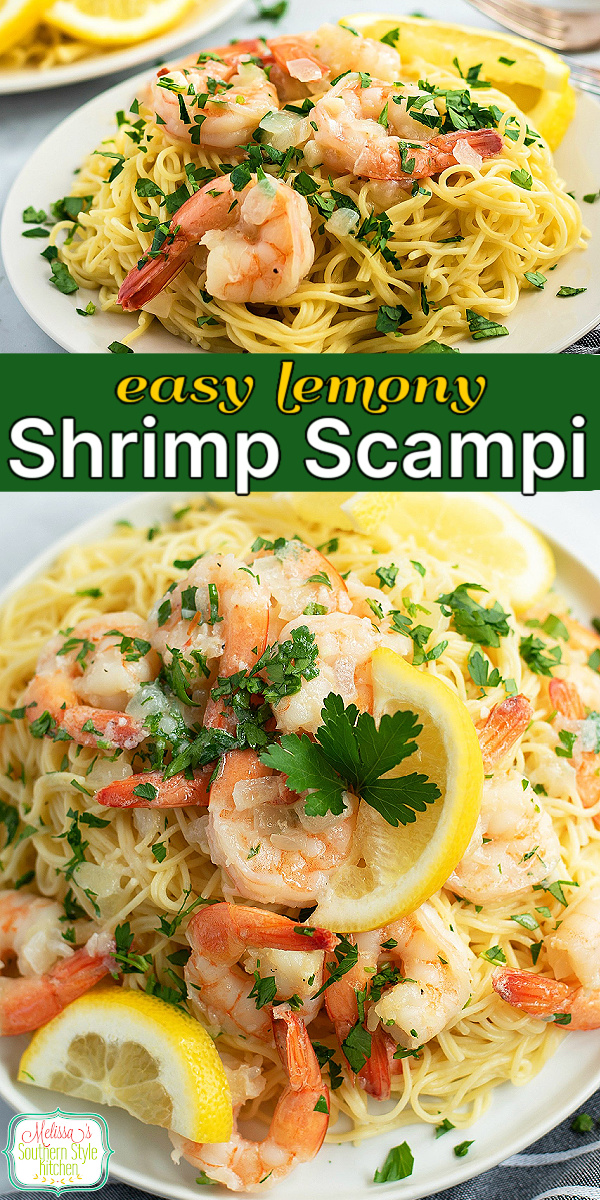 Garlic butter shrimp scampi in under 20 minutes! Juicy shrimp tossed with pasta, lemon, garlic, and parmesan for the easiest weeknight dinner ever. #shrimpscampi #easyrecipes #pastanight #dinnerideas #seafoodlover via @melissasssk