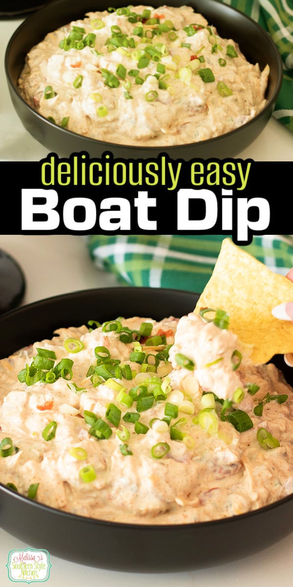 A creamy twist on the viral Boat Dip! Chive & onion cream cheese and fire-roasted Rotel give this easy dip a smoky, savory kick. Perfect for lake days, cookouts, and game day! #BoatDip #BoatDipRecipe #EasyAppetizer #SouthernRecipes #DipRecipe #SummerRecipes #RotelRecipes #GameDayFood via @melissasssk