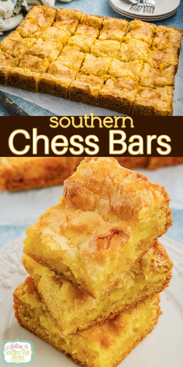 These Southern Chess Bars are rich, buttery, and packed with creamy, melt-in-your-mouth goodness! Made with a simple cake mix crust and luscious cream cheese filling, these easy dessert bars are perfect for potlucks, holidays, bake sales, and family gatherings. #SouthernChessBars #ChessBars #OoeyGooeyButterBars #ButterBars #SouthernDesserts #EasyDesserts #DessertBars #CreamCheeseDessert #OldFashionedDesserts #PotluckDesserts #HolidayDesserts #HomemadeDesserts #Southern #DessertRecipes via @melissasssk