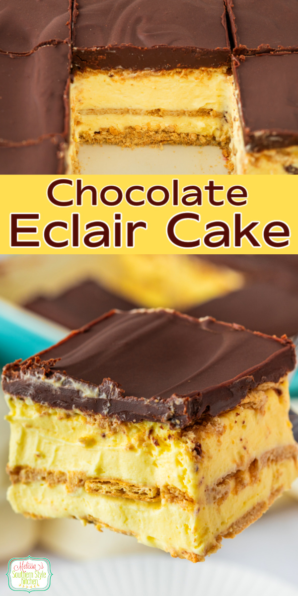 This No-Bake Chocolate Eclair Cake is the ultimate easy dessert! Layers of graham crackers, creamy vanilla pudding, whipped topping, and rich chocolate frosting come together for a classic treat everyone loves. #ChocolateEclairCake #NoBakeDessert #EasyDessert #DessertRecipes #MakeAheadDessert #ChocolateDessert #PotluckDessert #SummerDesserts #FamilyFavorites #DessertIdeas via @melissasssk