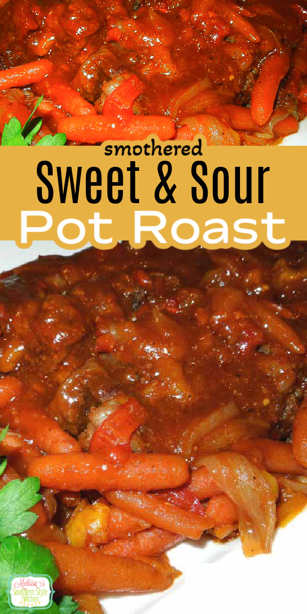 Sunday dinner gets a delicious twist with this Smothered Sweet and Sour Pot Roast! Tender, flavorful beef is smothered in a rich sweet and tangy gravy and perfect served over rice or mashed potatoes with your favorite Southern sides.#potroast #smotheredpotroast #sweetandsourbeef #beefrecipes #slowcookedroast #crockpotroast #sweetandsourpotroast via @melissasssk