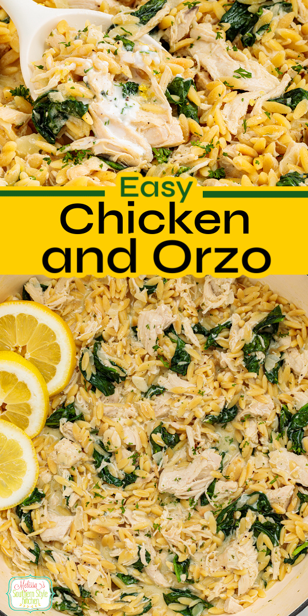 Creamy Chicken and Orzo with lemon is an easy one-pan dinner packed with flavor! Tender chicken, creamy Boursin cheese, lemon, and perfectly cooked orzo make this a cozy weeknight meal. Save this easy chicken dinner recipe for your next family dinner! #EasyDinner #ChickenRecipes #OrzoRecipes #OnePanMeals #WeeknightDinner via @melissasssk