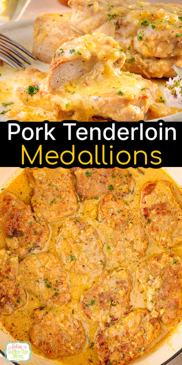 These tender Pork Tenderloin Medallions are pan-seared until golden brown and finished with a silky white wine cream sauce. An easy skillet dinner made with simple ingredients that feels elegant enough for company but is easy enough for a weeknight. Save this delicious pork recipe for your next special dinner! #PorkTenderloin #PorkRecipes #EasyDinner #SkilletDinner #SouthernCooking #ComfortFood #EasyRecipes #DinnerRecipes via @melissasssk
