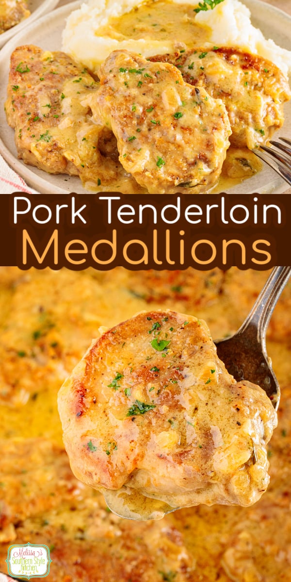 These tender Pork Tenderloin Medallions are pan-seared until golden brown and finished with a silky white wine cream sauce. An easy skillet dinner made with simple ingredients that feels elegant enough for company but is easy enough for a weeknight. Save this delicious pork recipe for your next special dinner! #PorkTenderloin #PorkRecipes #EasyDinner #SkilletDinner #SouthernCooking #ComfortFood #EasyRecipes #DinnerRecipes via @melissasssk