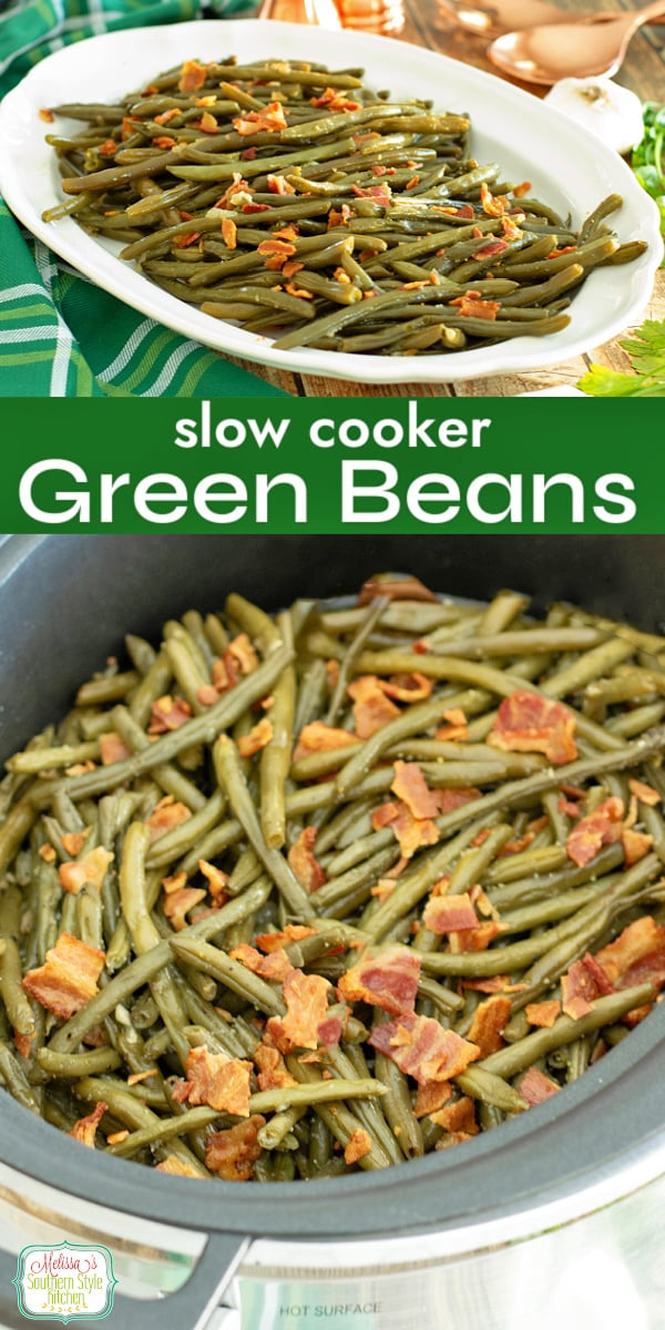 These Slow Cooker Green Beans are tender, savory, and full of old-fashioned Southern flavor! Made with bacon and onion, they&rsquo;re an easy crockpot side dish for Sunday dinner, Thanksgiving, Christmas, Easter, or any family meal. Let the slow cooker do the work while you enjoy perfectly seasoned green beans everyone will love. #SlowCookerGreenBeans #GreenBeanRecipe #CrockpotRecipes #SouthernRecipes #SouthernSideDishes #EasySideDish #HolidaySideDish #ThanksgivingRecipes #ComfortFood via @melissasssk