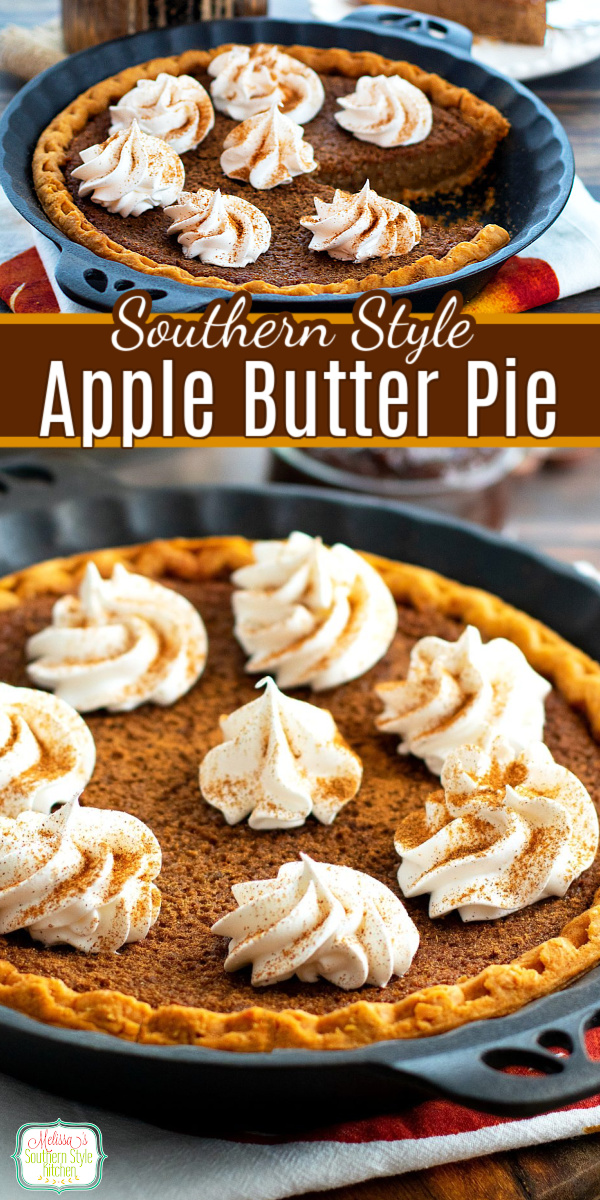 This easy Southern Apple Butter Pie is full of warm fall spices and old-fashioned flavor. Perfect for Thanksgiving or autumn gatherings, serve each slice with whipped cream and a sprinkle of cinnamon! #applebutterpie #applebutter #applepie #pierecipes #oldfashioneddesserts #fallbaking #pie #desserts #dessertfoodrecipes #southernfood #southernrecipes #thanksgivingdesserts via @melissasssk