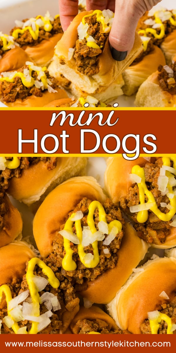 These Mini Hot Dogs with Chili on Hawaiian Rolls are a fun, bite-sized twist on a classic comfort food favorite! Sweet Hawaiian rolls, mini hot dogs and hearty chili come together for an easy appetizer that's perfect for game day, holiday parties, potlucks and family gatherings. Add this crowd-pleasing recipe to your menu for your next get-together! #MiniHotDogs #HawaiianRollRecipes #GameDayAppetizers #EasyAppetizers #PartyFood #SouthernCooking via @melissasssk