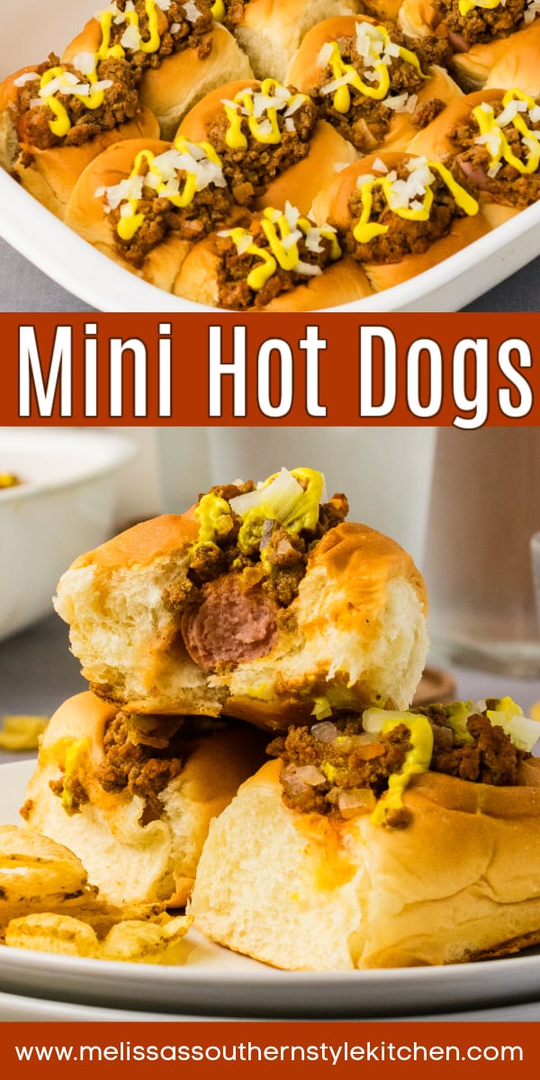 These Mini Hot Dogs with Chili on Hawaiian Rolls are a fun, bite-sized twist on a classic comfort food favorite! Sweet Hawaiian rolls, mini hot dogs and hearty chili come together for an easy appetizer that's perfect for game day, holiday parties, potlucks and family gatherings. Add this crowd-pleasing recipe to your menu for your next get-together! #MiniHotDogs #HawaiianRollRecipes #GameDayAppetizers #EasyAppetizers #PartyFood #SouthernCooking via @melissasssk