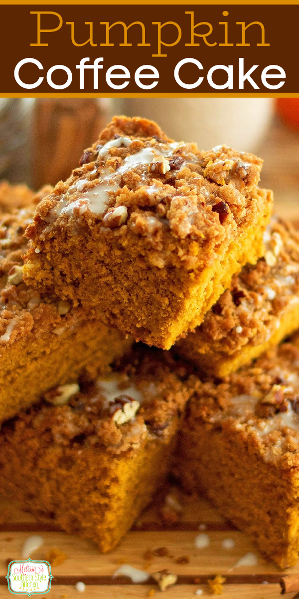 This Pumpkin Coffee Cake Recipe is packed with cozy flavor, but the real star is the streusel on top, loaded with pecans and toffee bits. #pumpkinrecipes #pumpkinciffeecake #coffeecakerecipes #pumpkinspice #falldesserts #thanksgiving recipes #breakfast #brunch via @melissasssk