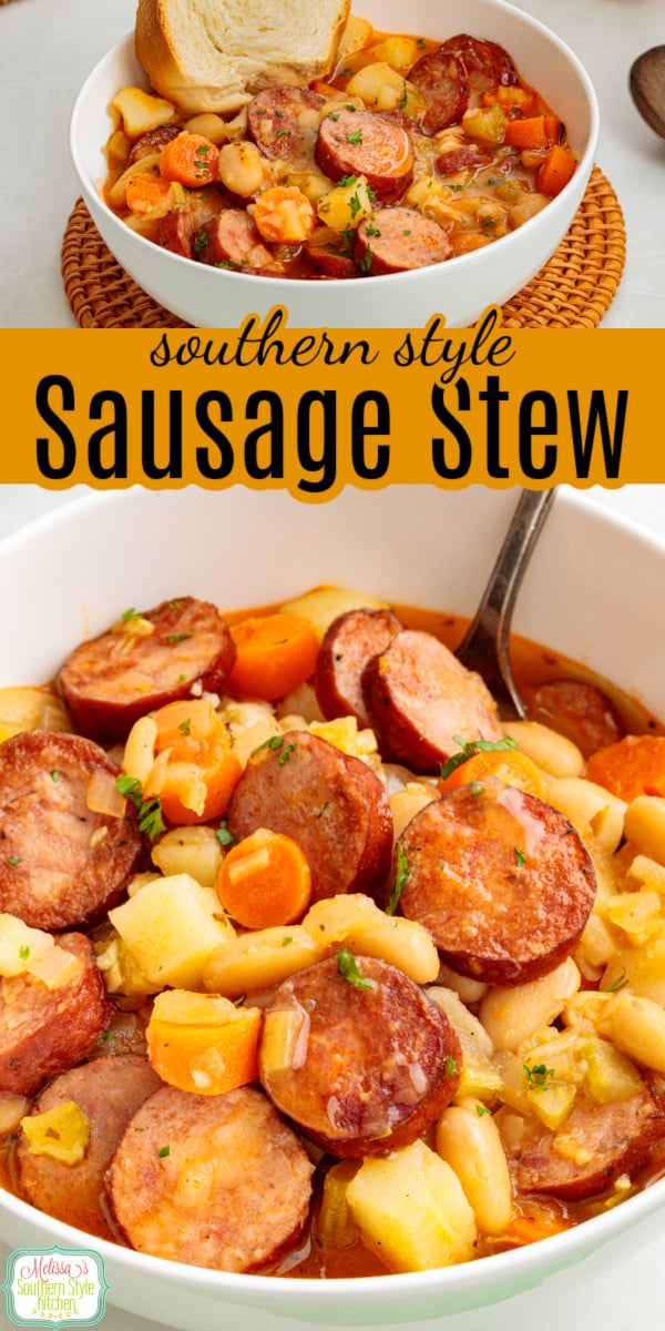 This hearty sausage stew features smoky kielbasa, tender potatoes, and wholesome vegetables simmered in a savory broth. It&rsquo;s an easy, one-pot comfort food supper perfect for chilly evenings. Serve with homemade cornbread for an old-fashioned Southern meal the whole family will love! #SausageStew #SouthernCooking #EasyDinner #ComfortFood #OnePotMeal via @melissasssk