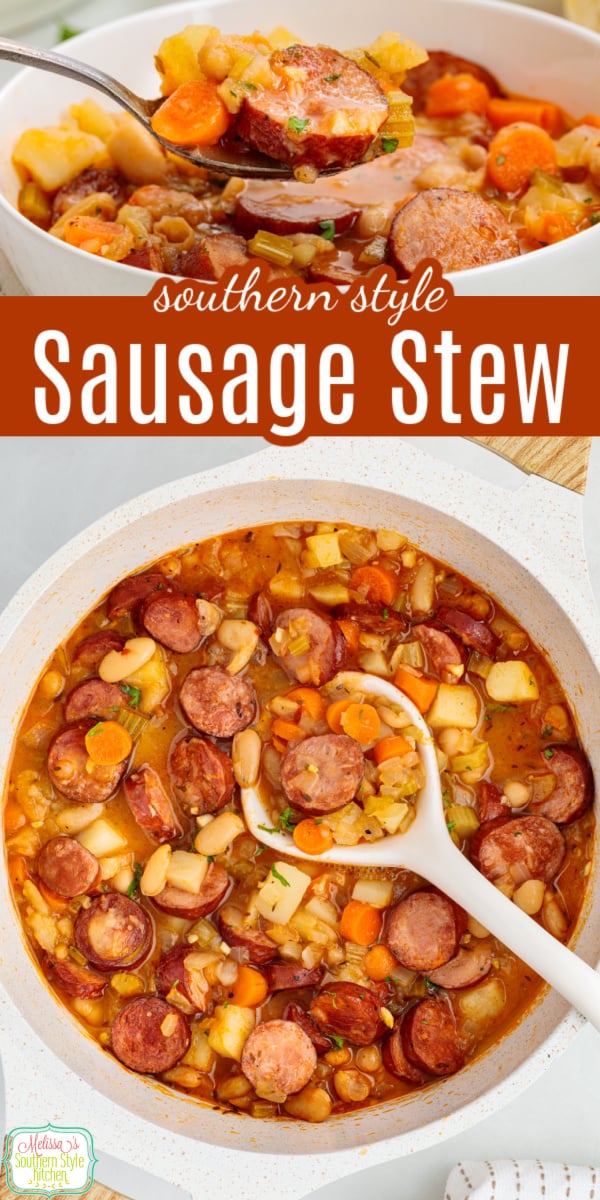 This hearty sausage stew features smoky kielbasa, tender potatoes, and wholesome vegetables simmered in a savory broth. It&rsquo;s an easy, one-pot comfort food supper perfect for chilly evenings. Serve with homemade cornbread for an old-fashioned Southern meal the whole family will love! #SausageStew #SouthernCooking #EasyDinner #ComfortFood #OnePotMeal via @melissasssk