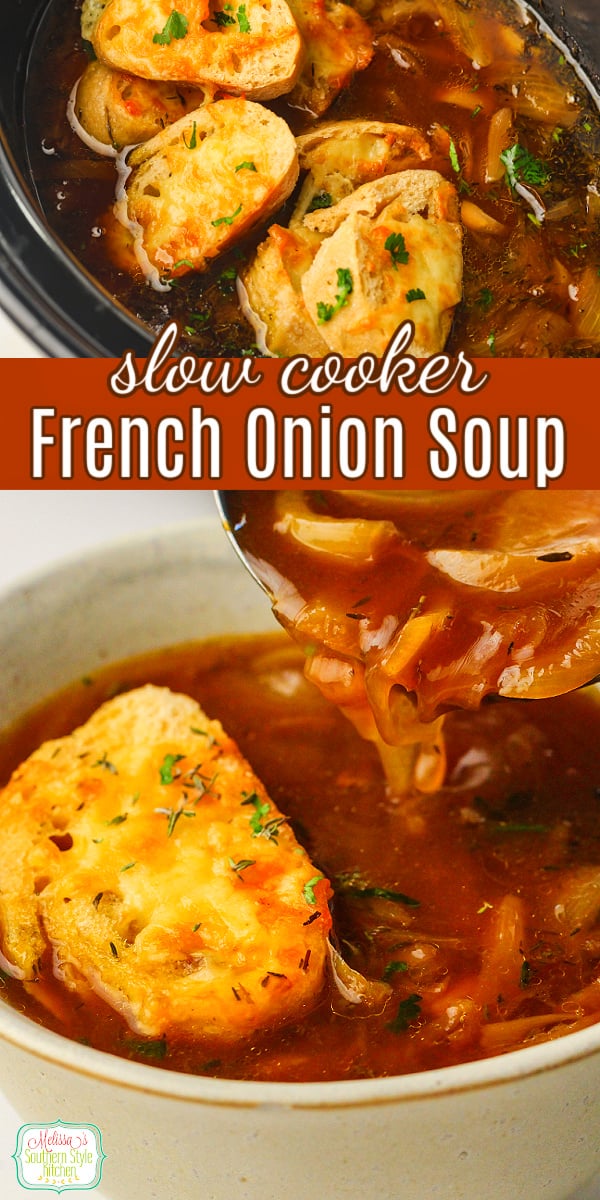 Slow Cooker French Onion Soup is pure comfort in a bowl! Sweet caramelized onions simmer low and slow in a rich, savory broth, then it&rsquo;s topped with crusty French bread and gooey melted cheese. This cozy crockpot soup is an easy, delicious dinner for chilly days! #SlowCookerRecipes #FrenchOnionSoup #CrockpotRecipes #SoupRecipes #ComfortFood #EasyDinner #FallRecipes #WinterRecipes #SouthernCooking #HomemadeSoup via @melissasssk